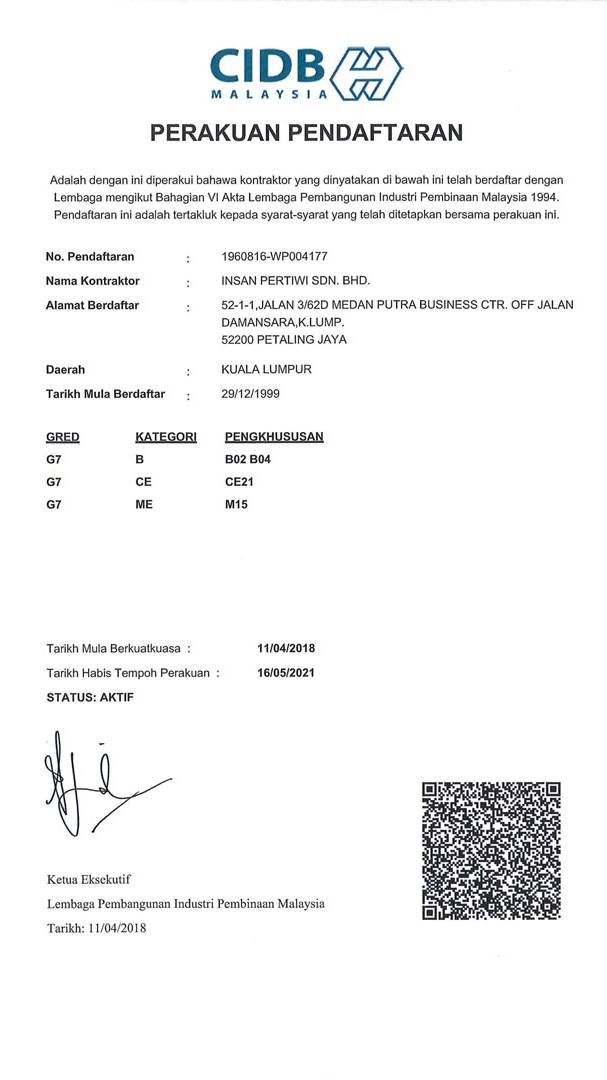 Grade G7 certification for Insan Pertiwi Sdn Bhd.