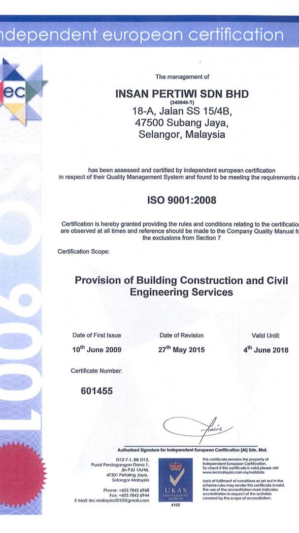 Insan Pertiwi Sdn Bhd's ISO 9001 certificate for the provision of Building Construction and Civil Engineering Services awarded in 2009.